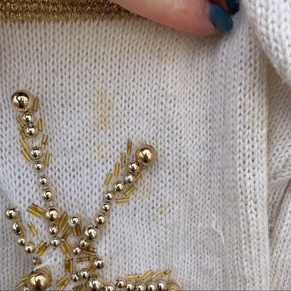 Vintage 90s Maurada white gold metallic knit tunic sweater gold bead snowflake - Picture 5 of 9